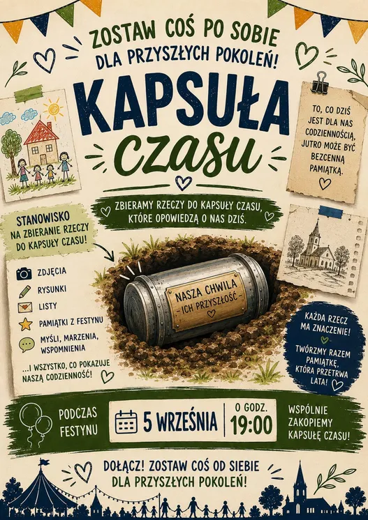 Plakat: Kapsuła Czasu, 5 września 2026, godz. 19:00, podczas festynu